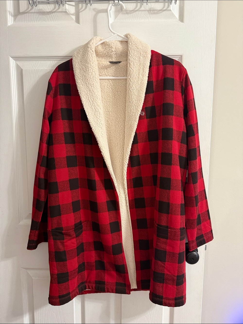 NWT - Eddie Bauer Red and Black Buffalo Plaid Teddy-Lined Open Cardigan